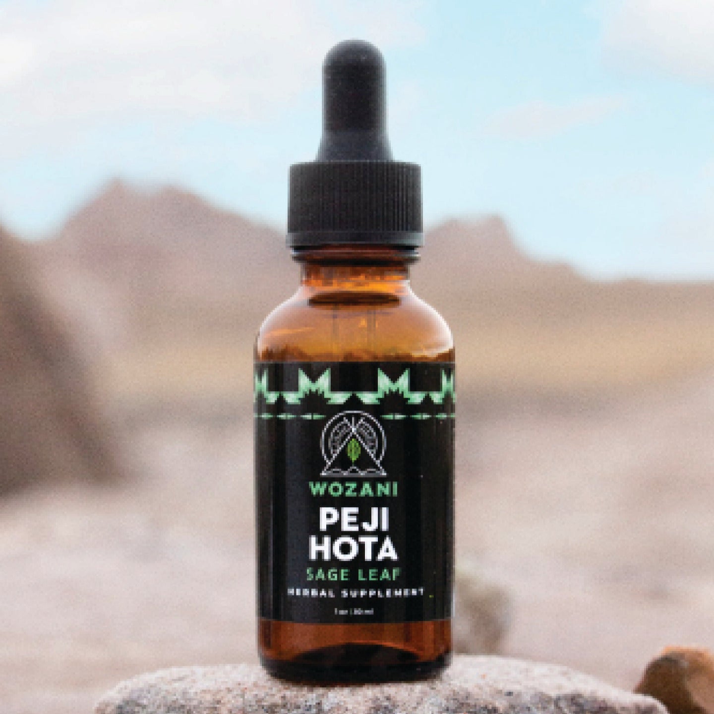 Wozani Peji Hota Sage Leaf herbal tincture bottle for mood support tincture on natural background