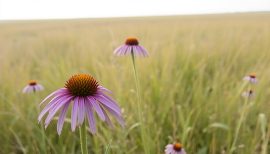 narrow leafed purple coneflower growing in the distance on the prairie