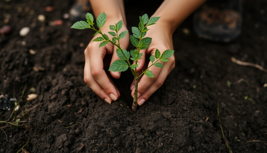 replanting tree in dirt dark tan hands